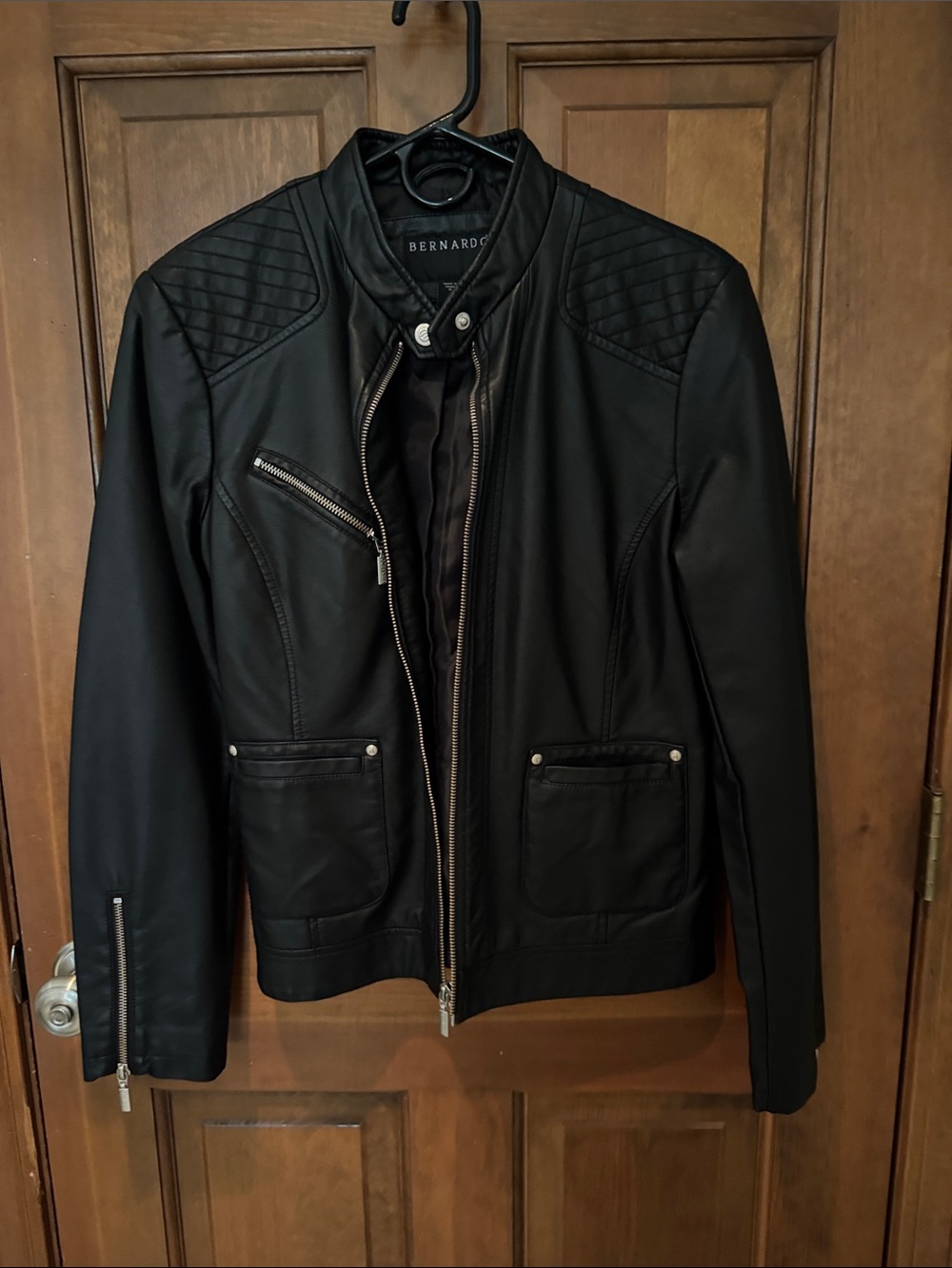 Bernardo Black Quilted-Shoulder Moto Bomber Jacket